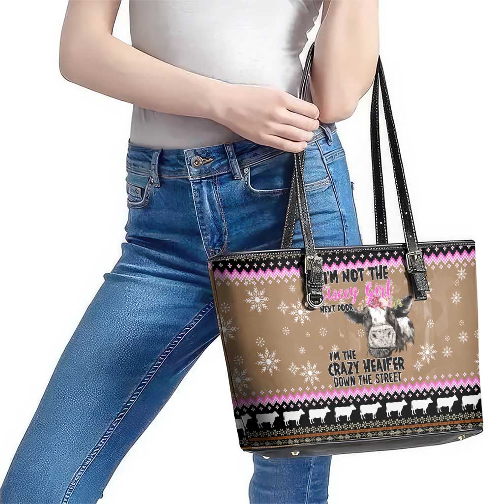 The Crazy Heifer Christmas Leather Tote Bag Xmas Holiday Patterns - Wonder Print Shop
