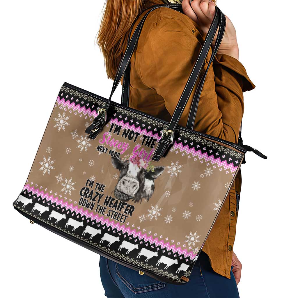 The Crazy Heifer Christmas Leather Tote Bag Xmas Holiday Patterns - Wonder Print Shop