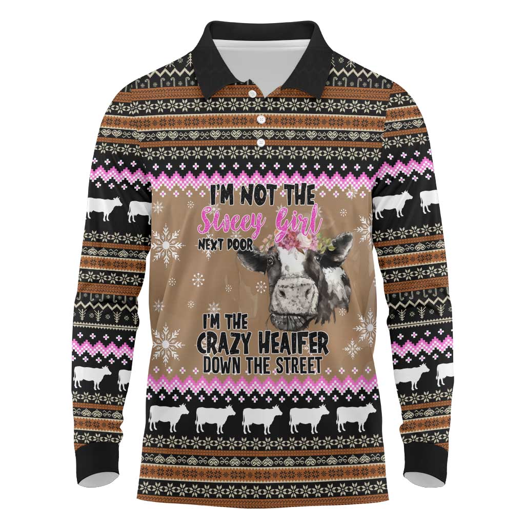 The Crazy Heifer Christmas Long Sleeve Polo Shirt Xmas Holiday Patterns - Wonder Print Shop