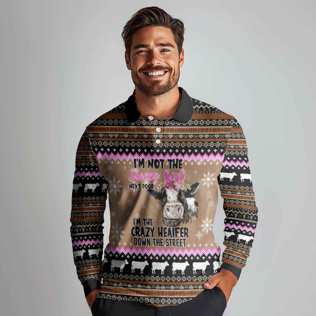 The Crazy Heifer Christmas Long Sleeve Polo Shirt Xmas Holiday Patterns - Wonder Print Shop