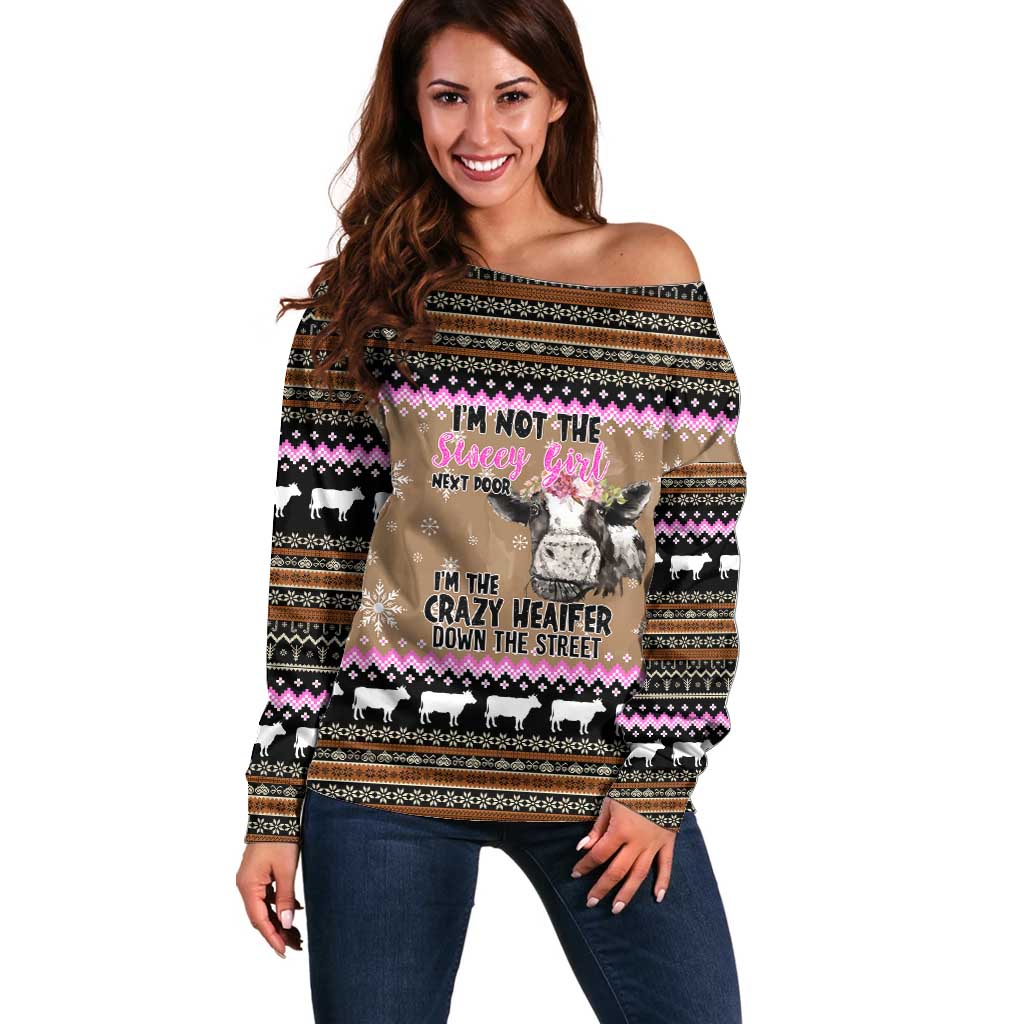 The Crazy Heifer Christmas Off Shoulder Sweater Xmas Holiday Patterns - Wonder Print Shop