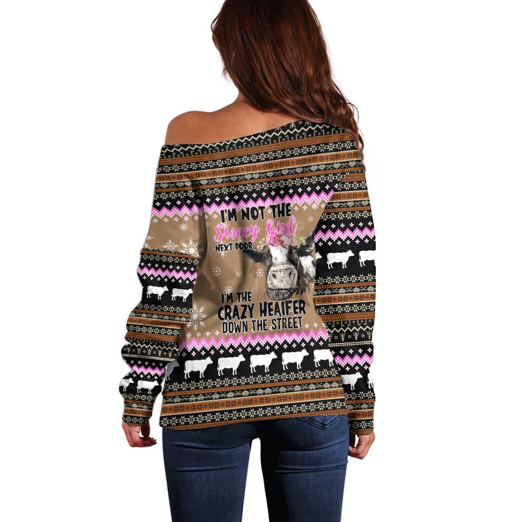 The Crazy Heifer Christmas Off Shoulder Sweater Xmas Holiday Patterns - Wonder Print Shop