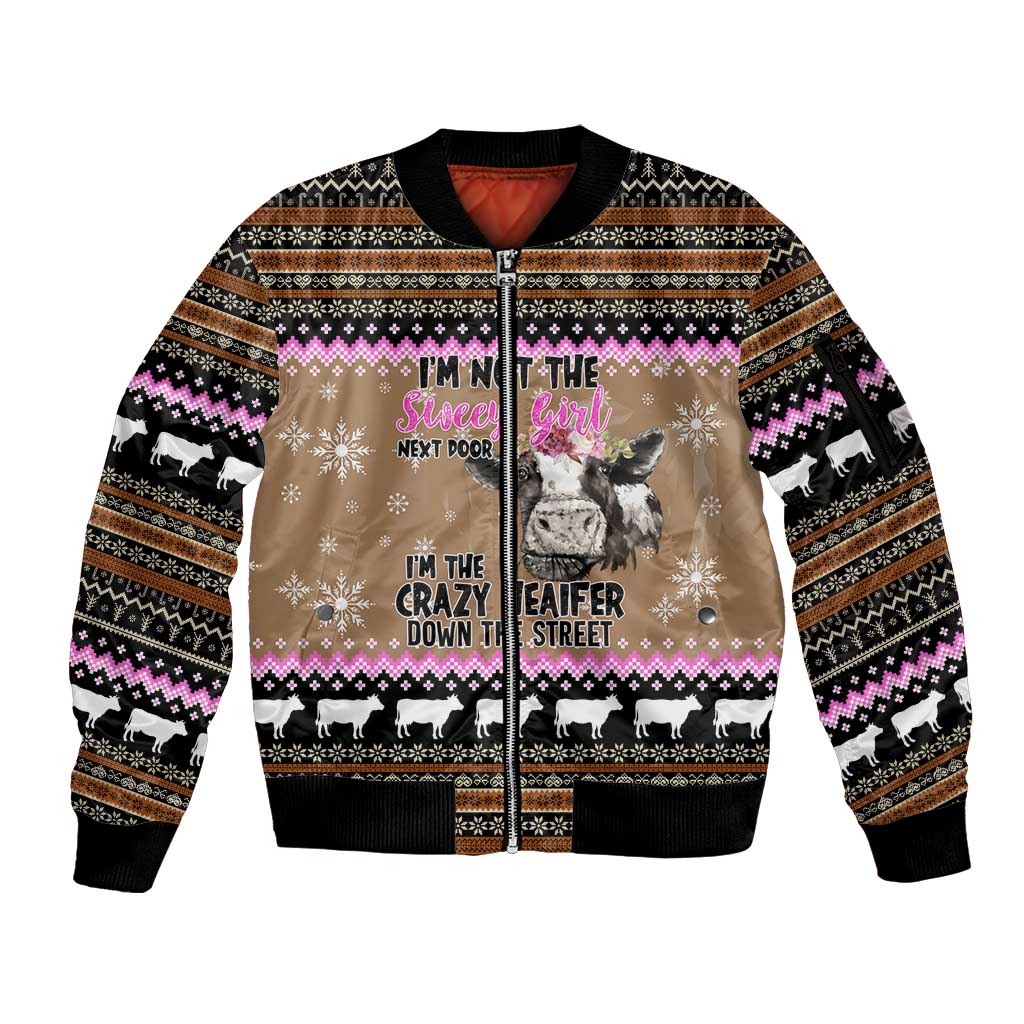 The Crazy Heifer Christmas Sleeve Zip Bomber Jacket Xmas Holiday Patterns - Wonder Print Shop