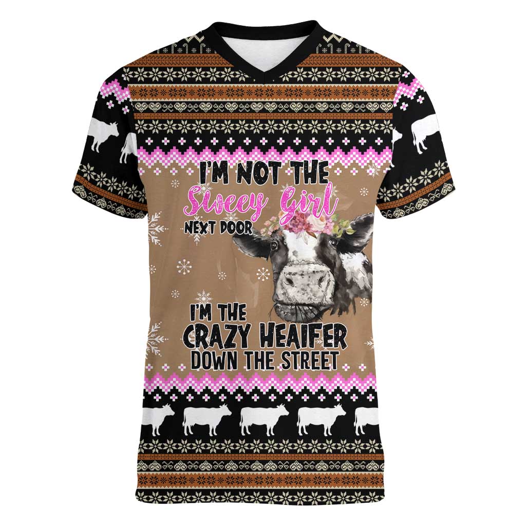 The Crazy Heifer Christmas Women V-Neck T-Shirt Xmas Holiday Patterns - Wonder Print Shop
