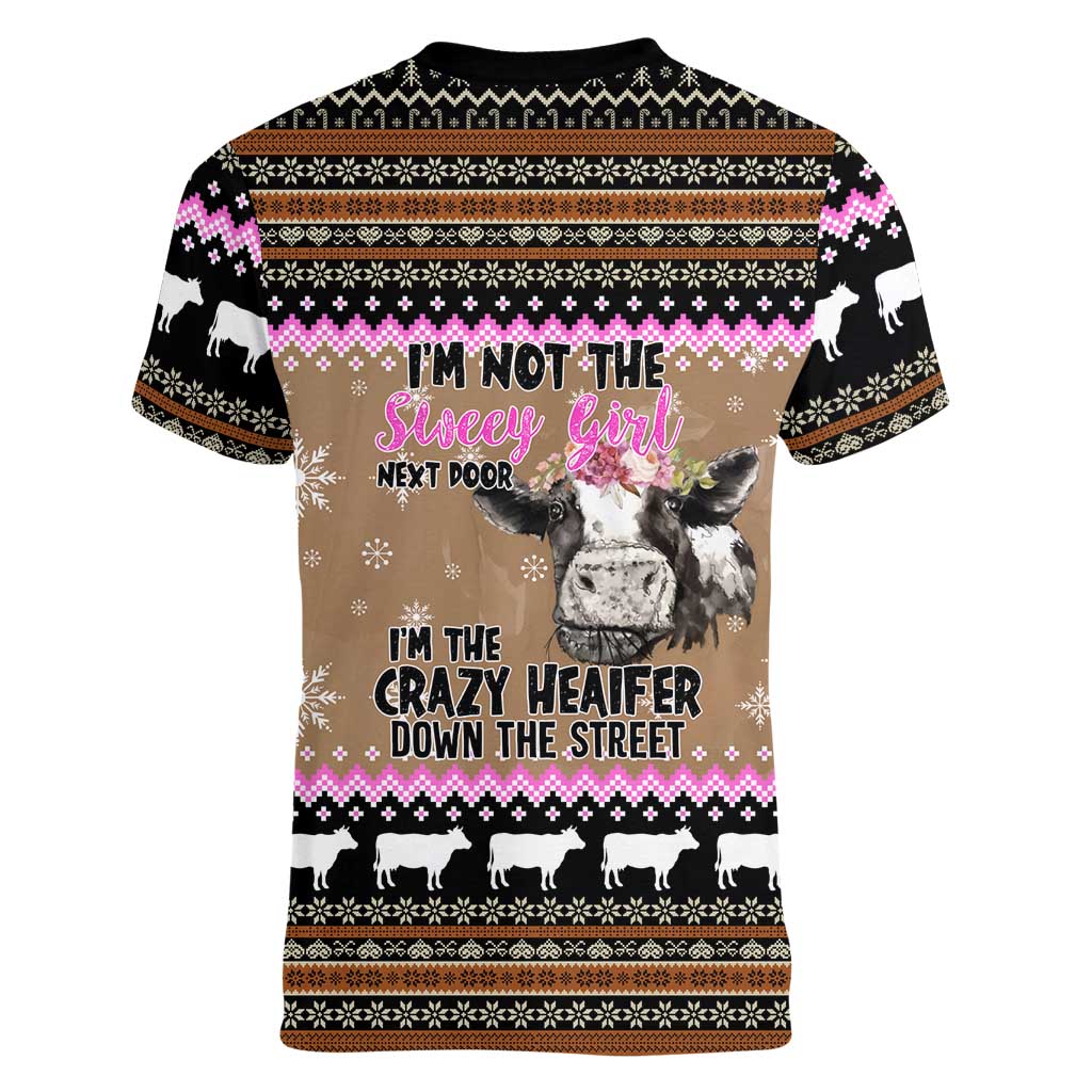 The Crazy Heifer Christmas Women V-Neck T-Shirt Xmas Holiday Patterns - Wonder Print Shop