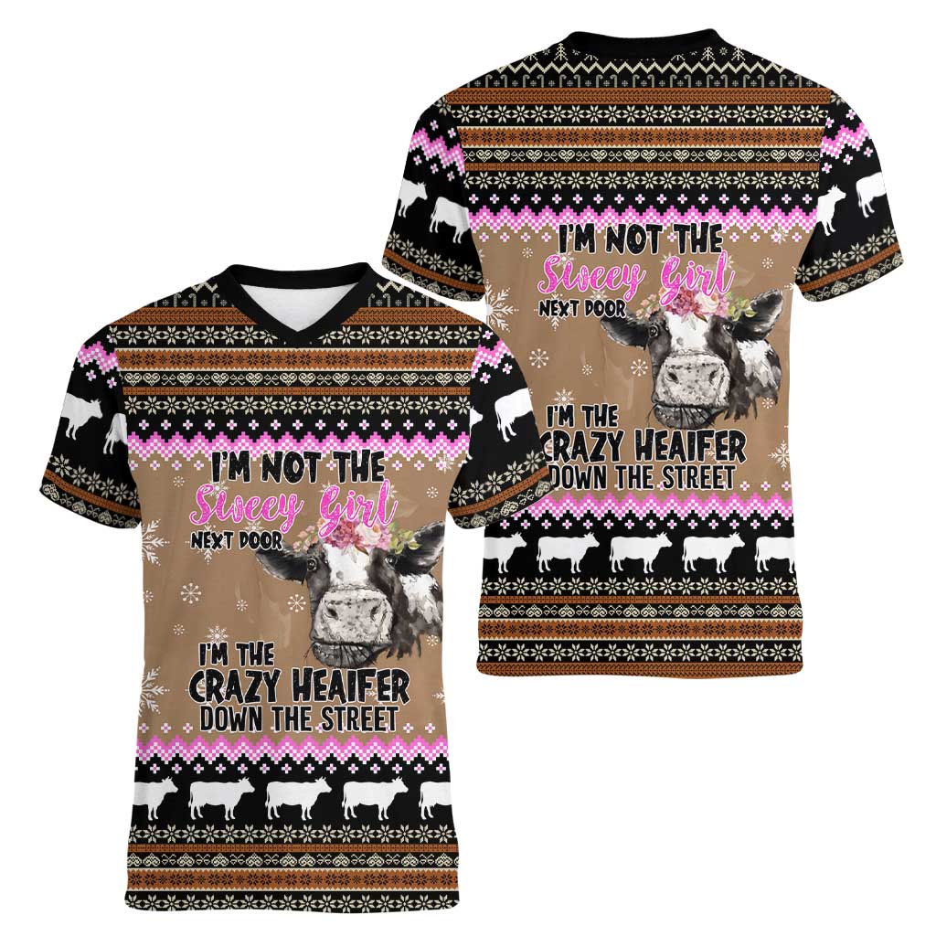 The Crazy Heifer Christmas Women V-Neck T-Shirt Xmas Holiday Patterns - Wonder Print Shop