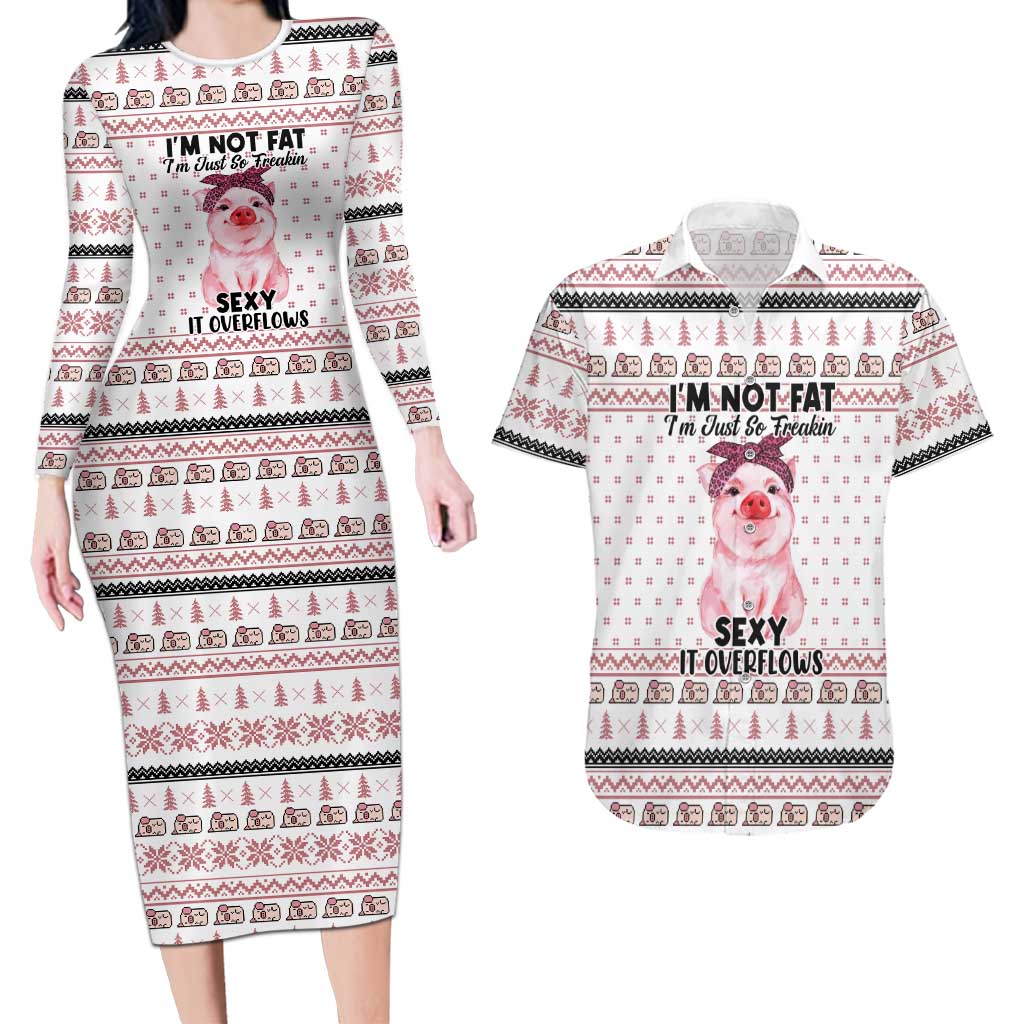 Pig Overflows Christmas Couples Matching Long Sleeve Bodycon Dress and Hawaiian Shirt Xmas Holiday Patterns - Wonder Print Shop