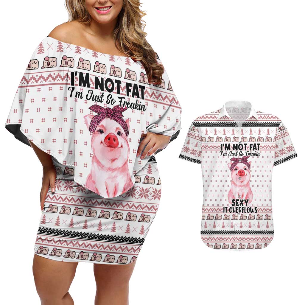 Pig Overflows Christmas Couples Matching Off Shoulder Short Dress and Hawaiian Shirt Xmas Holiday Patterns - Wonder Print Shop
