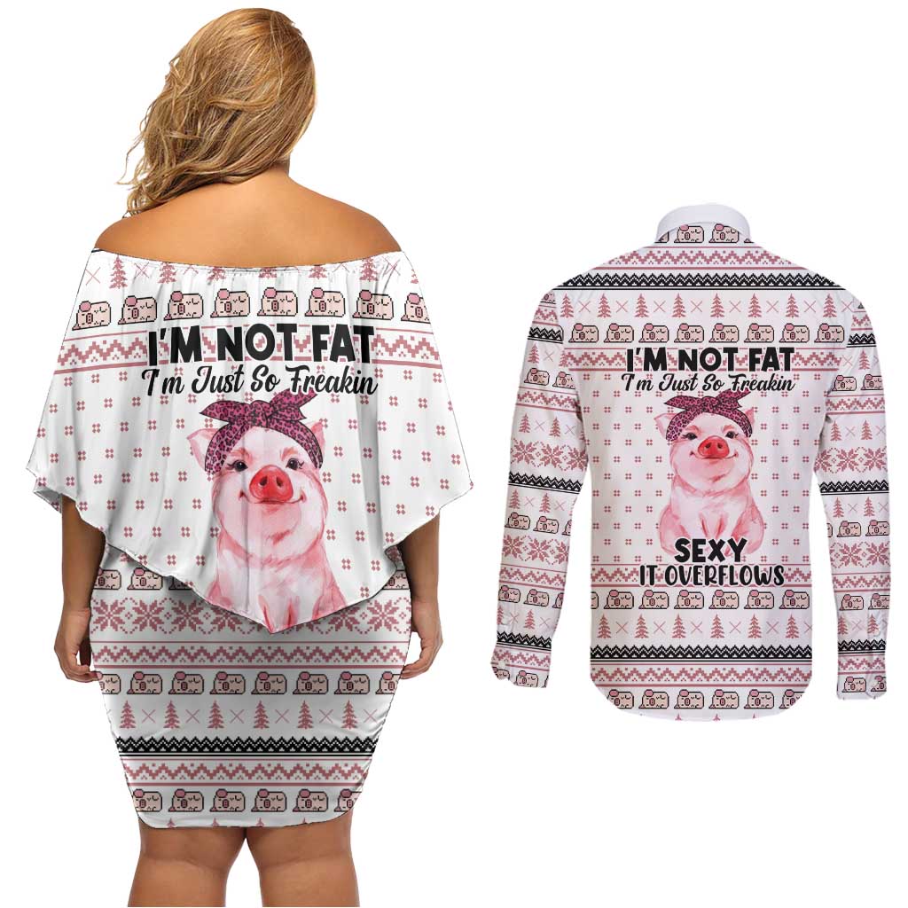 Pig Overflows Christmas Couples Matching Off Shoulder Short Dress and Long Sleeve Button Shirt Xmas Holiday Patterns - Wonder Print Shop