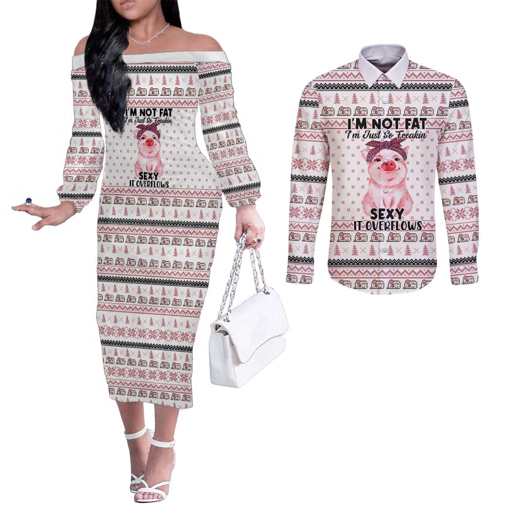 Pig Overflows Christmas Couples Matching Off The Shoulder Long Sleeve Dress and Long Sleeve Button Shirt Xmas Holiday Patterns - Wonder Print Shop