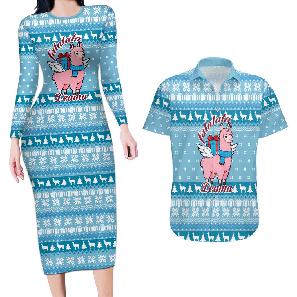 Pink Llama Christmas Couples Matching Long Sleeve Bodycon Dress and Hawaiian Shirt Xmas Holiday Patterns - Wonder Print Shop