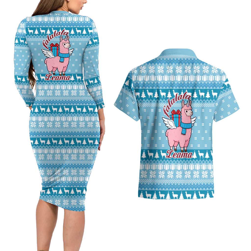 Pink Llama Christmas Couples Matching Long Sleeve Bodycon Dress and Hawaiian Shirt Xmas Holiday Patterns - Wonder Print Shop