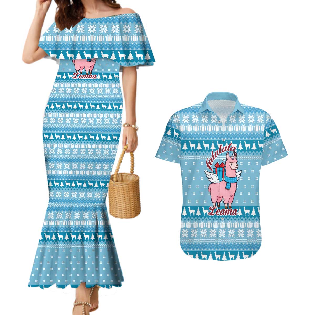 Pink Llama Christmas Couples Matching Mermaid Dress and Hawaiian Shirt Xmas Holiday Patterns - Wonder Print Shop