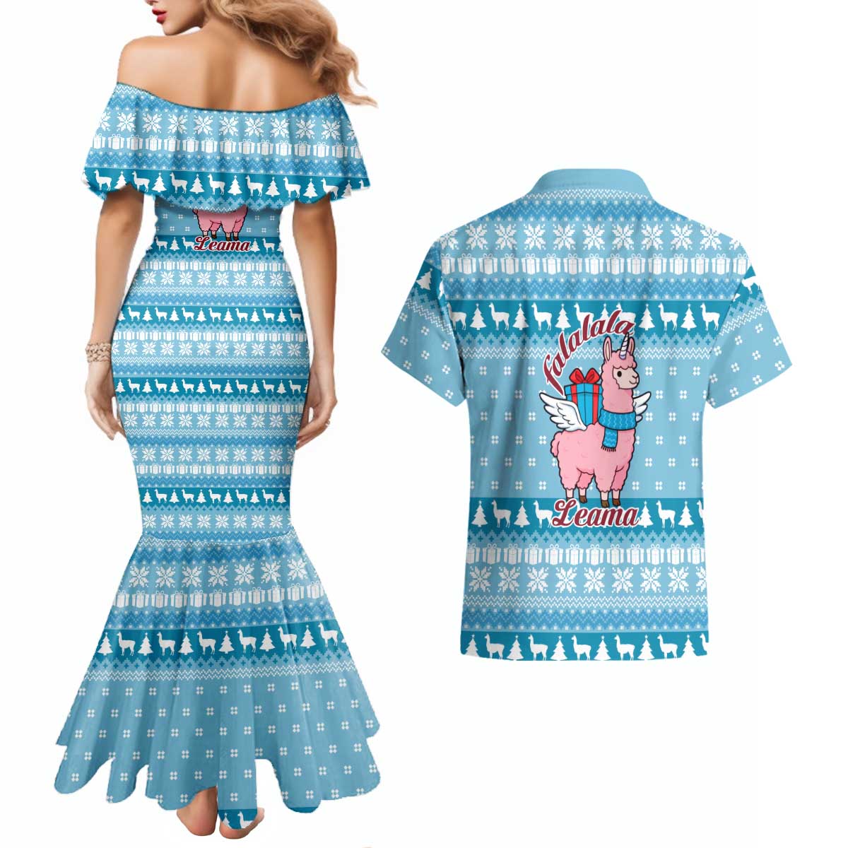 Pink Llama Christmas Couples Matching Mermaid Dress and Hawaiian Shirt Xmas Holiday Patterns - Wonder Print Shop