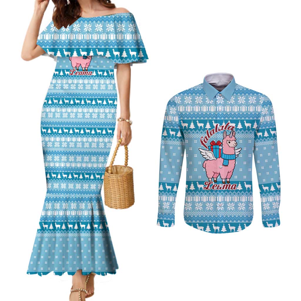 Pink Llama Christmas Couples Matching Mermaid Dress and Long Sleeve Button Shirt Xmas Holiday Patterns - Wonder Print Shop