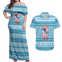 Pink Llama Christmas Couples Matching Off Shoulder Maxi Dress and Hawaiian Shirt Xmas Holiday Patterns - Wonder Print Shop