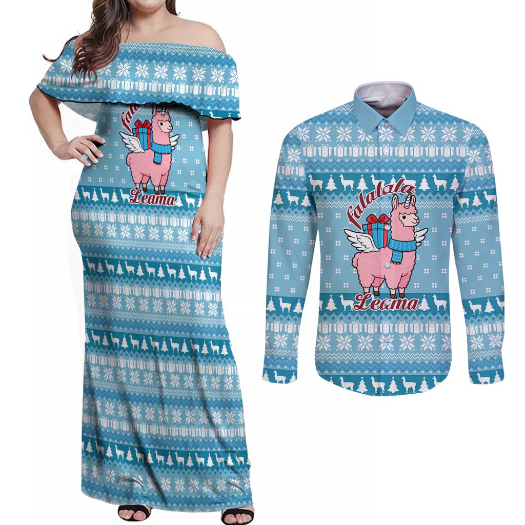 Pink Llama Christmas Couples Matching Off Shoulder Maxi Dress and Long Sleeve Button Shirt Xmas Holiday Patterns - Wonder Print Shop