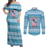 Pink Llama Christmas Couples Matching Off Shoulder Maxi Dress and Long Sleeve Button Shirt Xmas Holiday Patterns - Wonder Print Shop