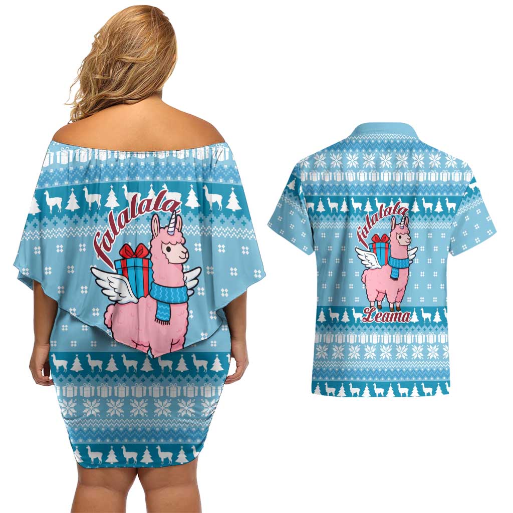 Pink Llama Christmas Couples Matching Off Shoulder Short Dress and Hawaiian Shirt Xmas Holiday Patterns - Wonder Print Shop