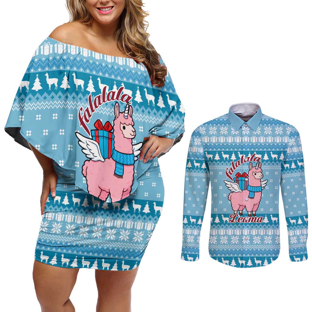 Pink Llama Christmas Couples Matching Off Shoulder Short Dress and Long Sleeve Button Shirt Xmas Holiday Patterns - Wonder Print Shop