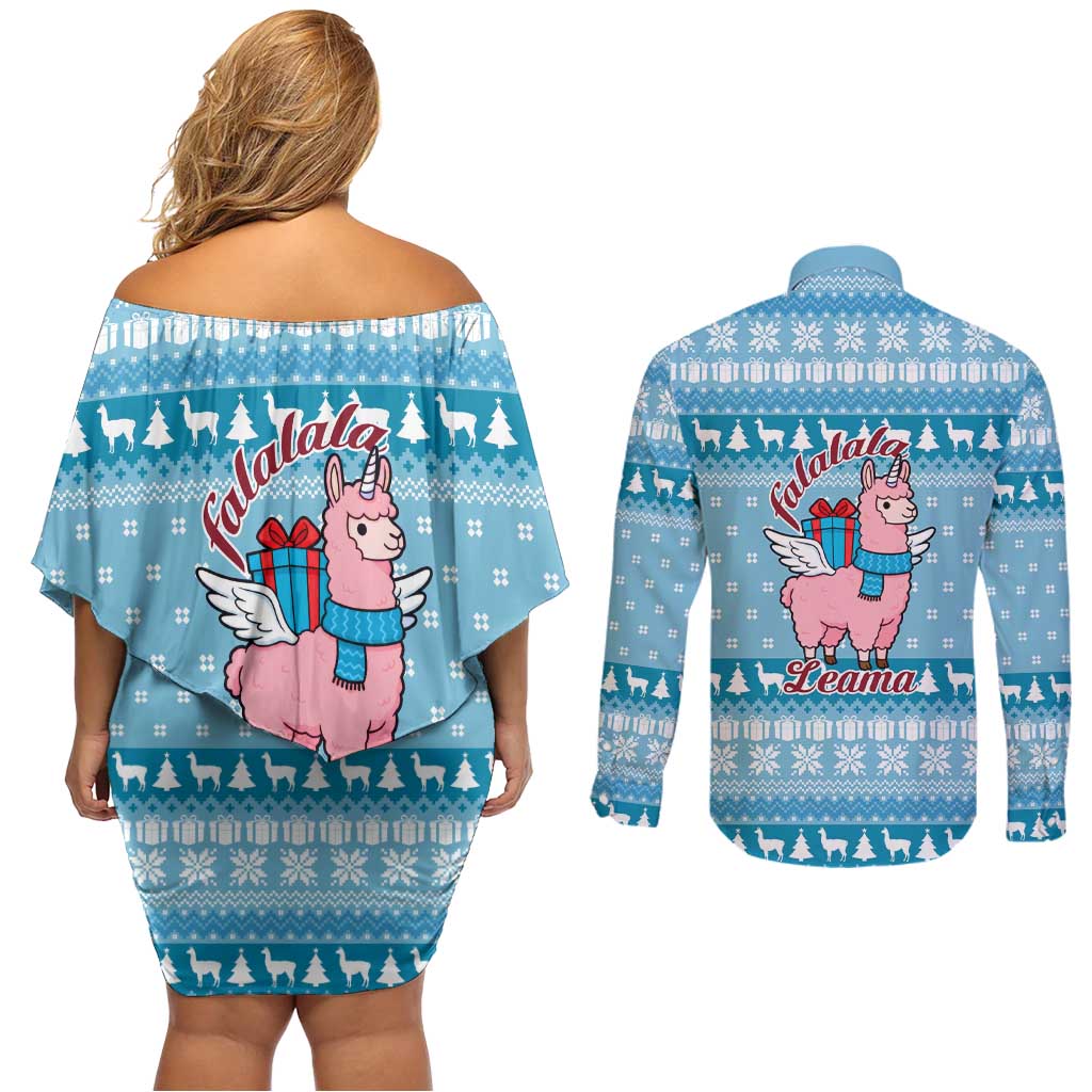 Pink Llama Christmas Couples Matching Off Shoulder Short Dress and Long Sleeve Button Shirt Xmas Holiday Patterns - Wonder Print Shop