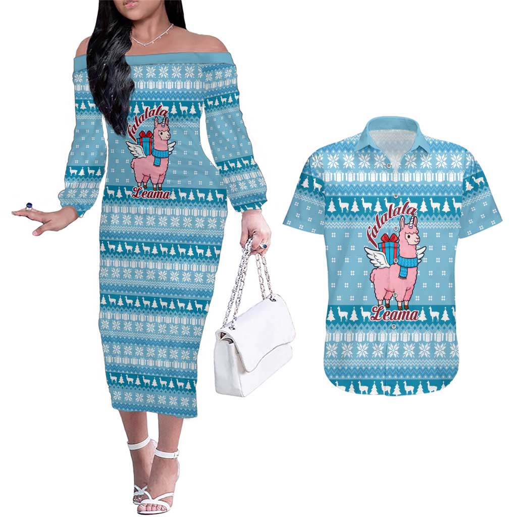 Pink Llama Christmas Couples Matching Off The Shoulder Long Sleeve Dress and Hawaiian Shirt Xmas Holiday Patterns - Wonder Print Shop
