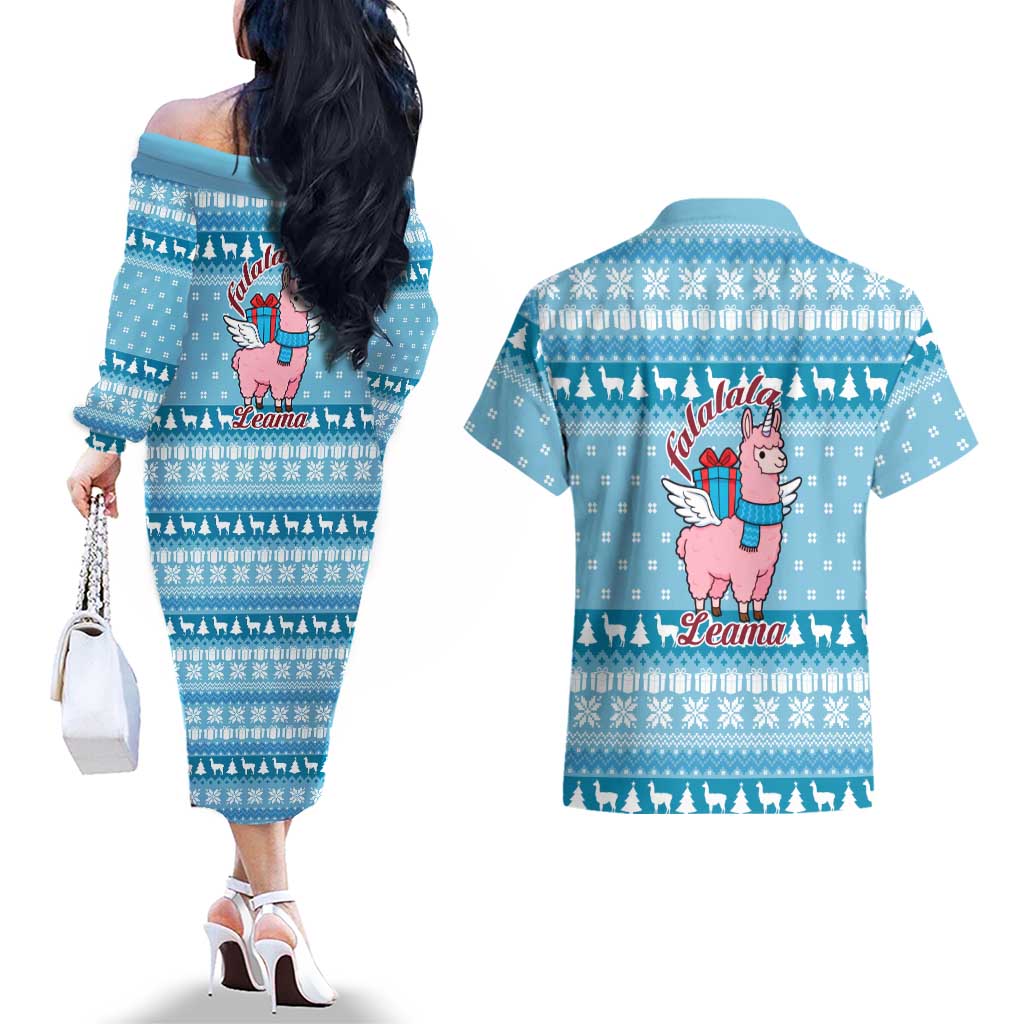 Pink Llama Christmas Couples Matching Off The Shoulder Long Sleeve Dress and Hawaiian Shirt Xmas Holiday Patterns - Wonder Print Shop