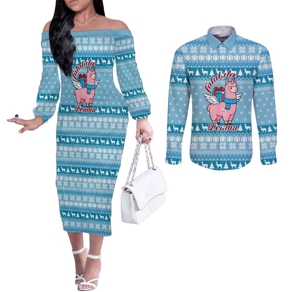 Pink Llama Christmas Couples Matching Off The Shoulder Long Sleeve Dress and Long Sleeve Button Shirt Xmas Holiday Patterns - Wonder Print Shop