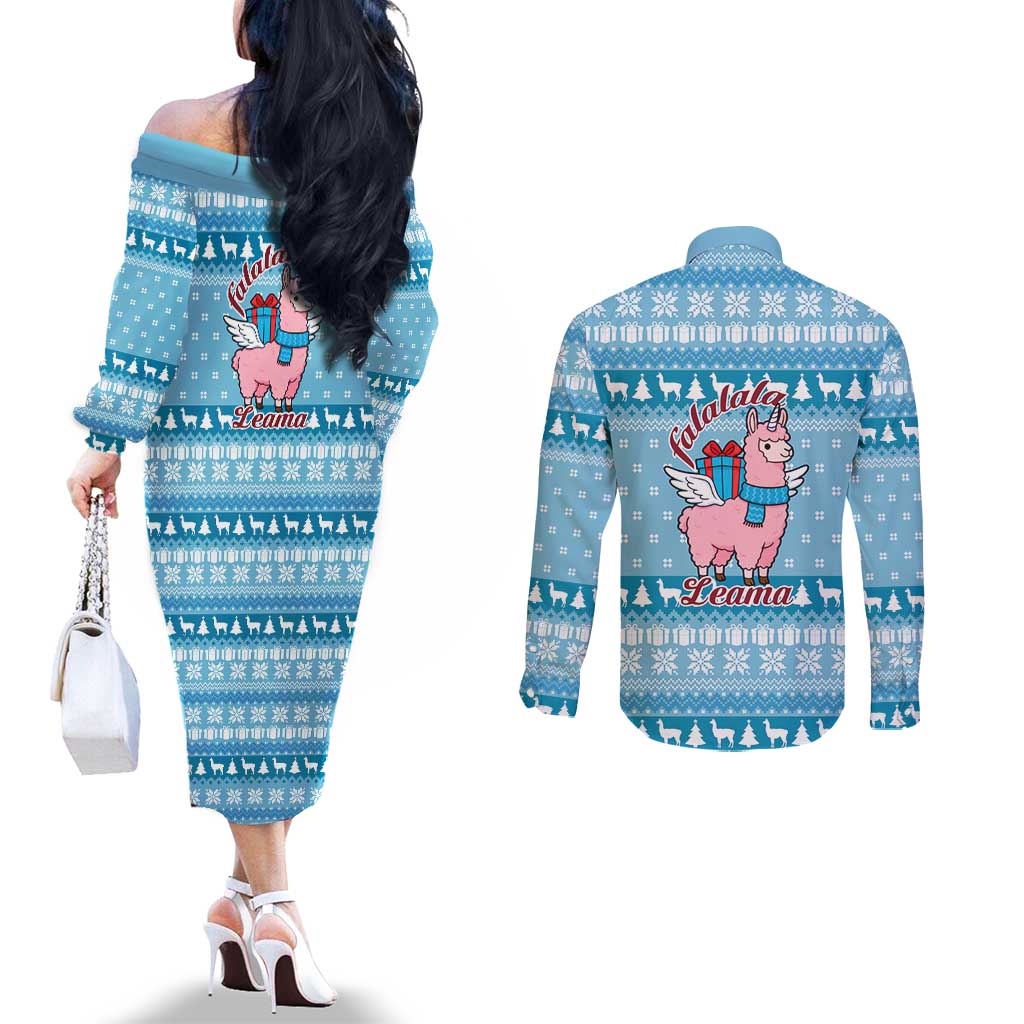 Pink Llama Christmas Couples Matching Off The Shoulder Long Sleeve Dress and Long Sleeve Button Shirt Xmas Holiday Patterns - Wonder Print Shop