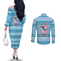 Pink Llama Christmas Couples Matching Off The Shoulder Long Sleeve Dress and Long Sleeve Button Shirt Xmas Holiday Patterns - Wonder Print Shop