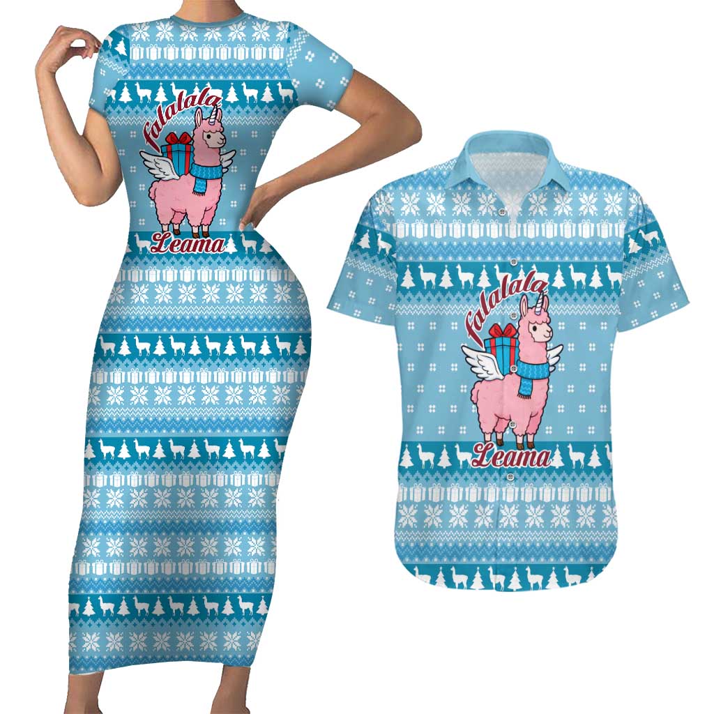 Pink Llama Christmas Couples Matching Short Sleeve Bodycon Dress and Hawaiian Shirt Xmas Holiday Patterns - Wonder Print Shop