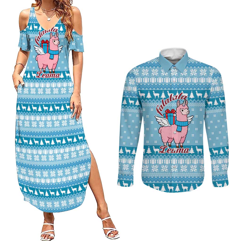 Pink Llama Christmas Couples Matching Summer Maxi Dress and Long Sleeve Button Shirt Xmas Holiday Patterns - Wonder Print Shop