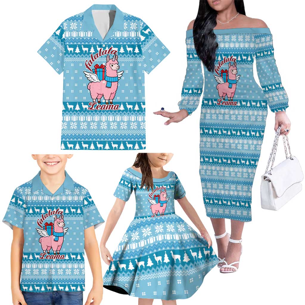 Pink Llama Christmas Family Matching Off The Shoulder Long Sleeve Dress and Hawaiian Shirt Xmas Holiday Patterns - Wonder Print Shop