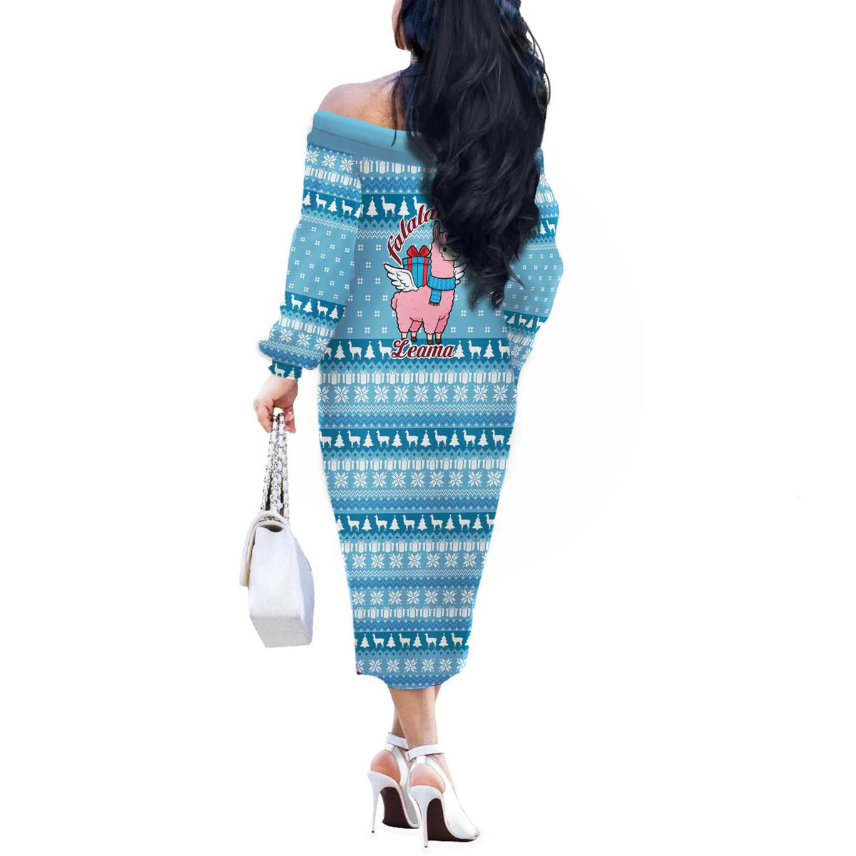 Pink Llama Christmas Off The Shoulder Long Sleeve Dress Xmas Holiday Patterns - Wonder Print Shop