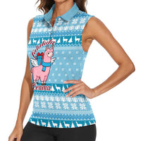Pink Llama Christmas Women Sleeveless Polo Shirt Xmas Holiday Patterns - Wonder Print Shop