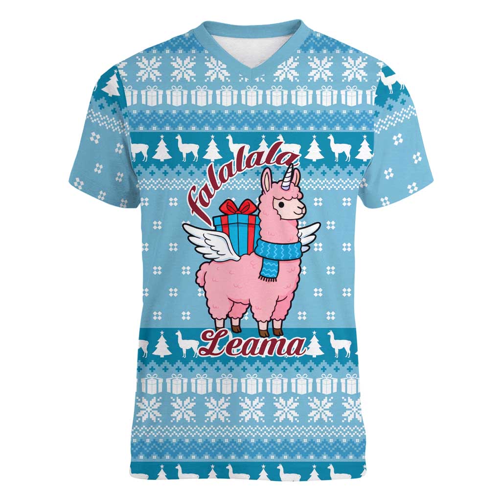 Pink Llama Christmas Women V-Neck T-Shirt Xmas Holiday Patterns - Wonder Print Shop