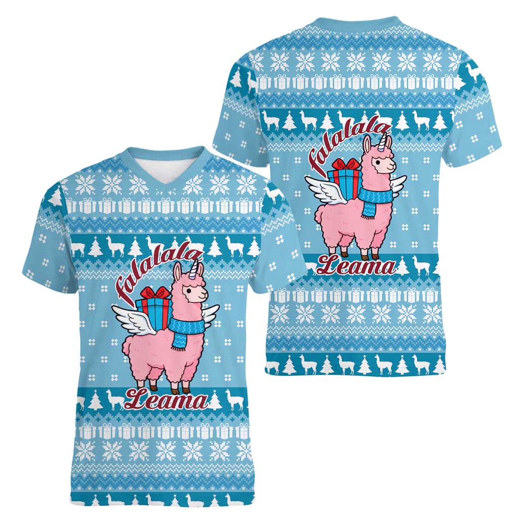 Pink Llama Christmas Women V-Neck T-Shirt Xmas Holiday Patterns - Wonder Print Shop