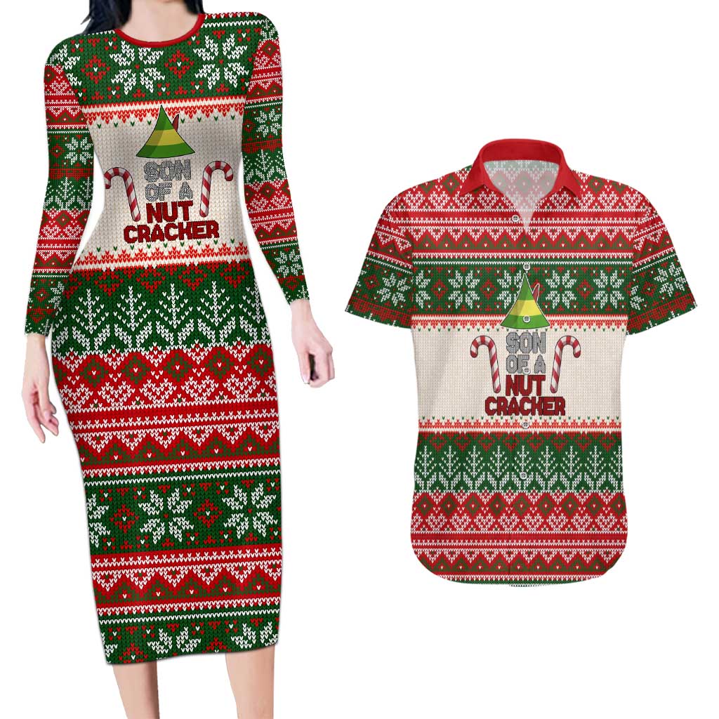Son Of A Nut Cracker Christmas Couples Matching Long Sleeve Bodycon Dress and Hawaiian Shirt Xmas Holiday Patterns - Wonder Print Shop