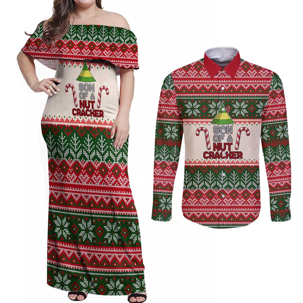 Son Of A Nut Cracker Christmas Couples Matching Off Shoulder Maxi Dress and Long Sleeve Button Shirt Xmas Holiday Patterns - Wonder Print Shop
