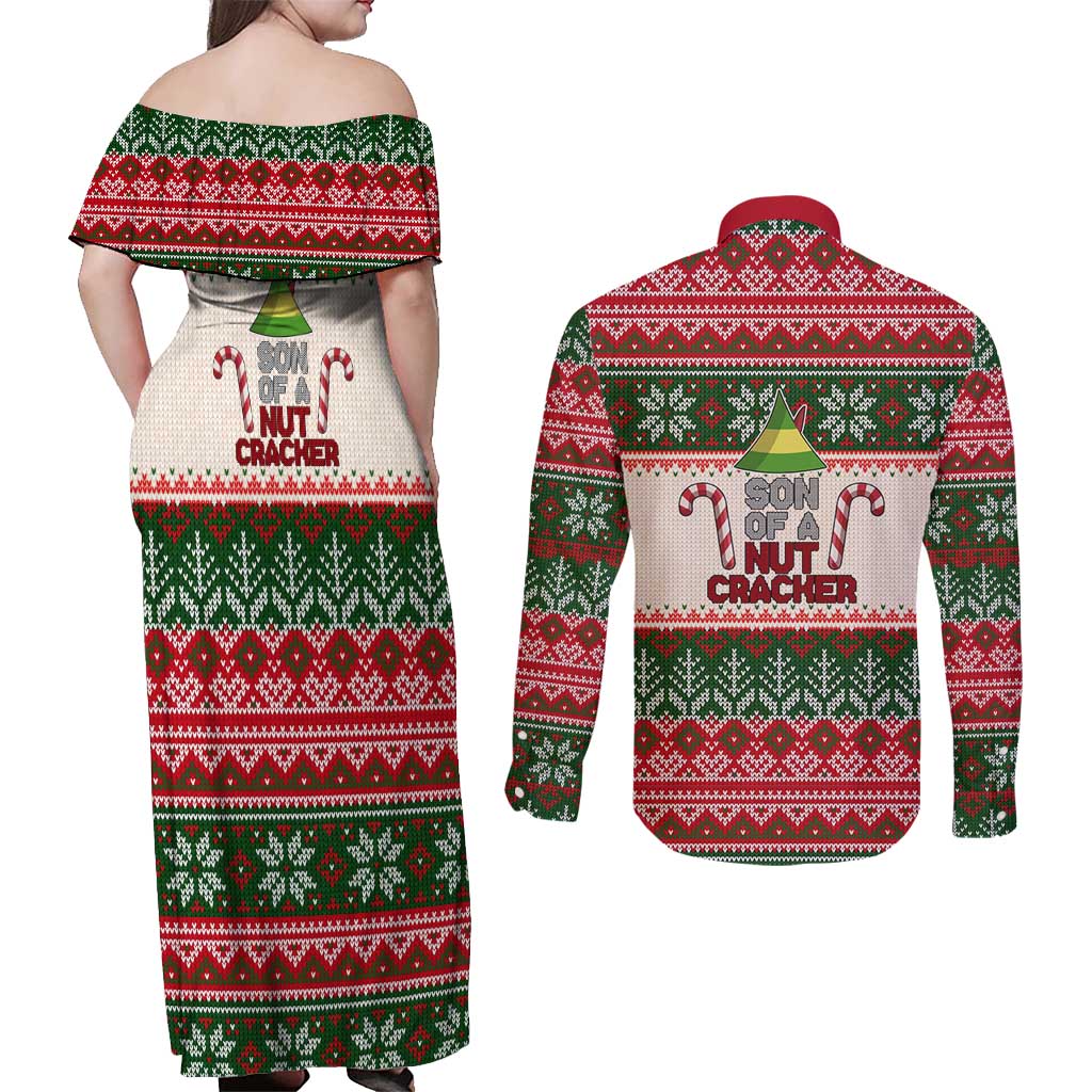 Son Of A Nut Cracker Christmas Couples Matching Off Shoulder Maxi Dress and Long Sleeve Button Shirt Xmas Holiday Patterns - Wonder Print Shop