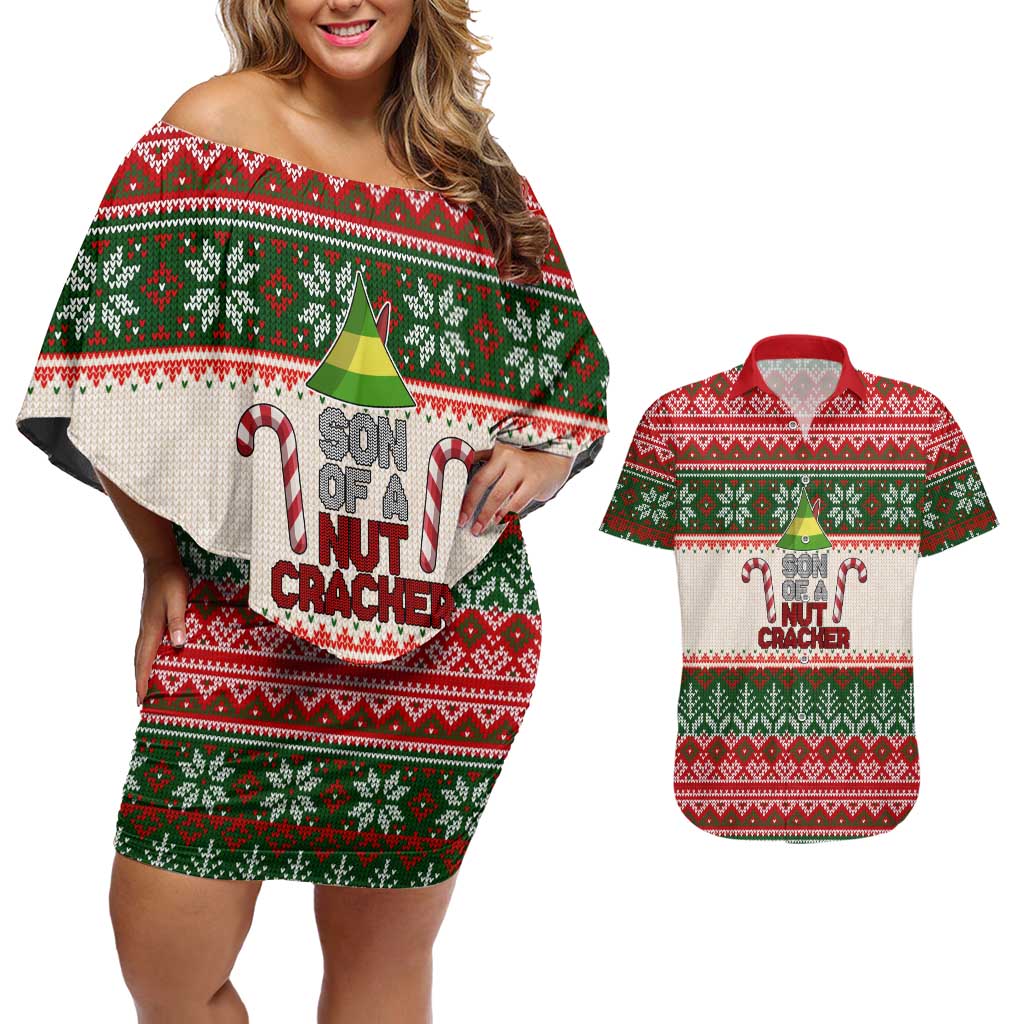 Son Of A Nut Cracker Christmas Couples Matching Off Shoulder Short Dress and Hawaiian Shirt Xmas Holiday Patterns - Wonder Print Shop