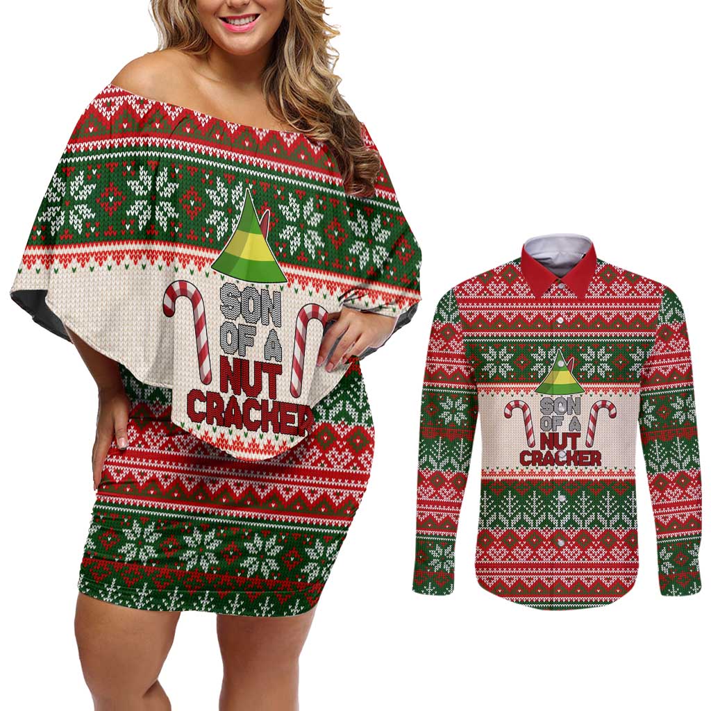 Son Of A Nut Cracker Christmas Couples Matching Off Shoulder Short Dress and Long Sleeve Button Shirt Xmas Holiday Patterns - Wonder Print Shop