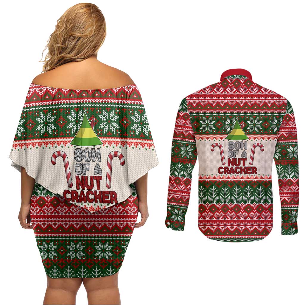 Son Of A Nut Cracker Christmas Couples Matching Off Shoulder Short Dress and Long Sleeve Button Shirt Xmas Holiday Patterns - Wonder Print Shop