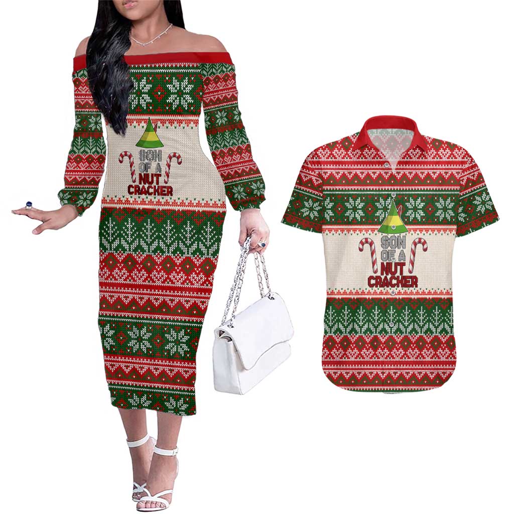 Son Of A Nut Cracker Christmas Couples Matching Off The Shoulder Long Sleeve Dress and Hawaiian Shirt Xmas Holiday Patterns - Wonder Print Shop