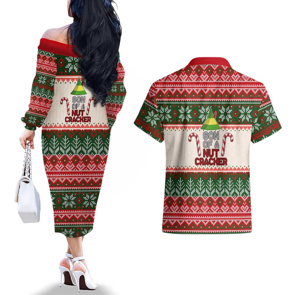 Son Of A Nut Cracker Christmas Couples Matching Off The Shoulder Long Sleeve Dress and Hawaiian Shirt Xmas Holiday Patterns - Wonder Print Shop