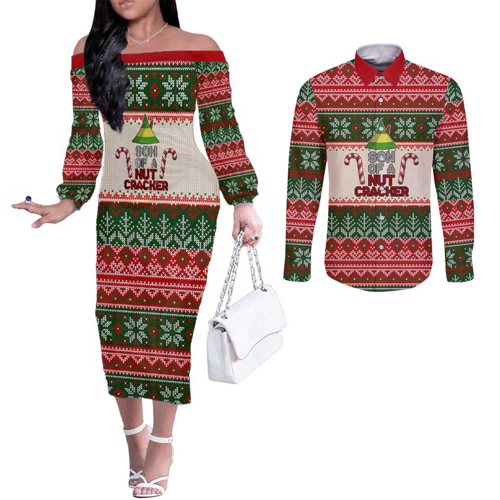 Son Of A Nut Cracker Christmas Couples Matching Off The Shoulder Long Sleeve Dress and Long Sleeve Button Shirt Xmas Holiday Patterns - Wonder Print Shop