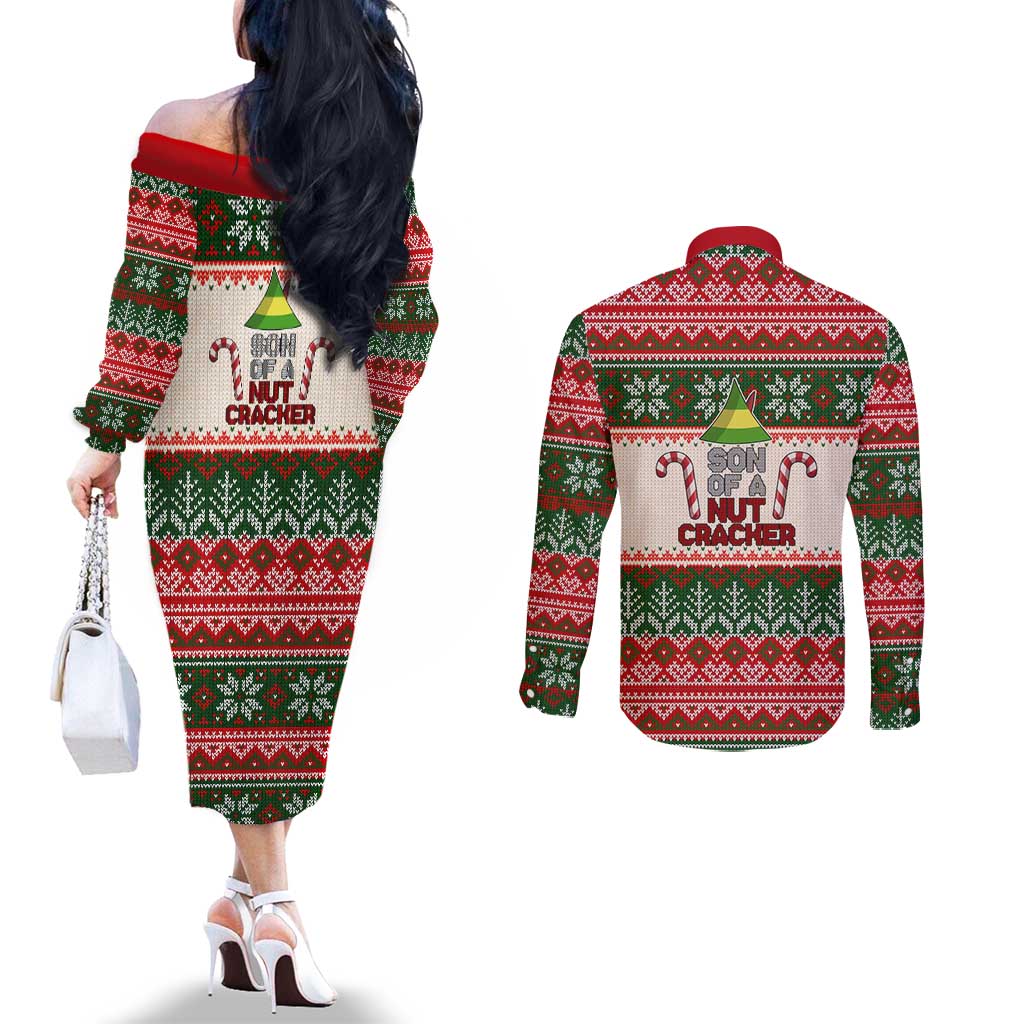 Son Of A Nut Cracker Christmas Couples Matching Off The Shoulder Long Sleeve Dress and Long Sleeve Button Shirt Xmas Holiday Patterns - Wonder Print Shop