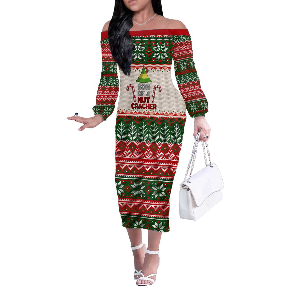 Son Of A Nut Cracker Christmas Off The Shoulder Long Sleeve Dress Xmas Holiday Patterns - Wonder Print Shop