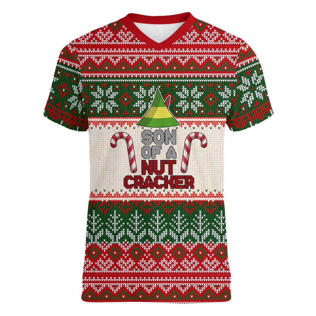 Son Of A Nut Cracker Christmas Women V-Neck T-Shirt Xmas Holiday Patterns - Wonder Print Shop