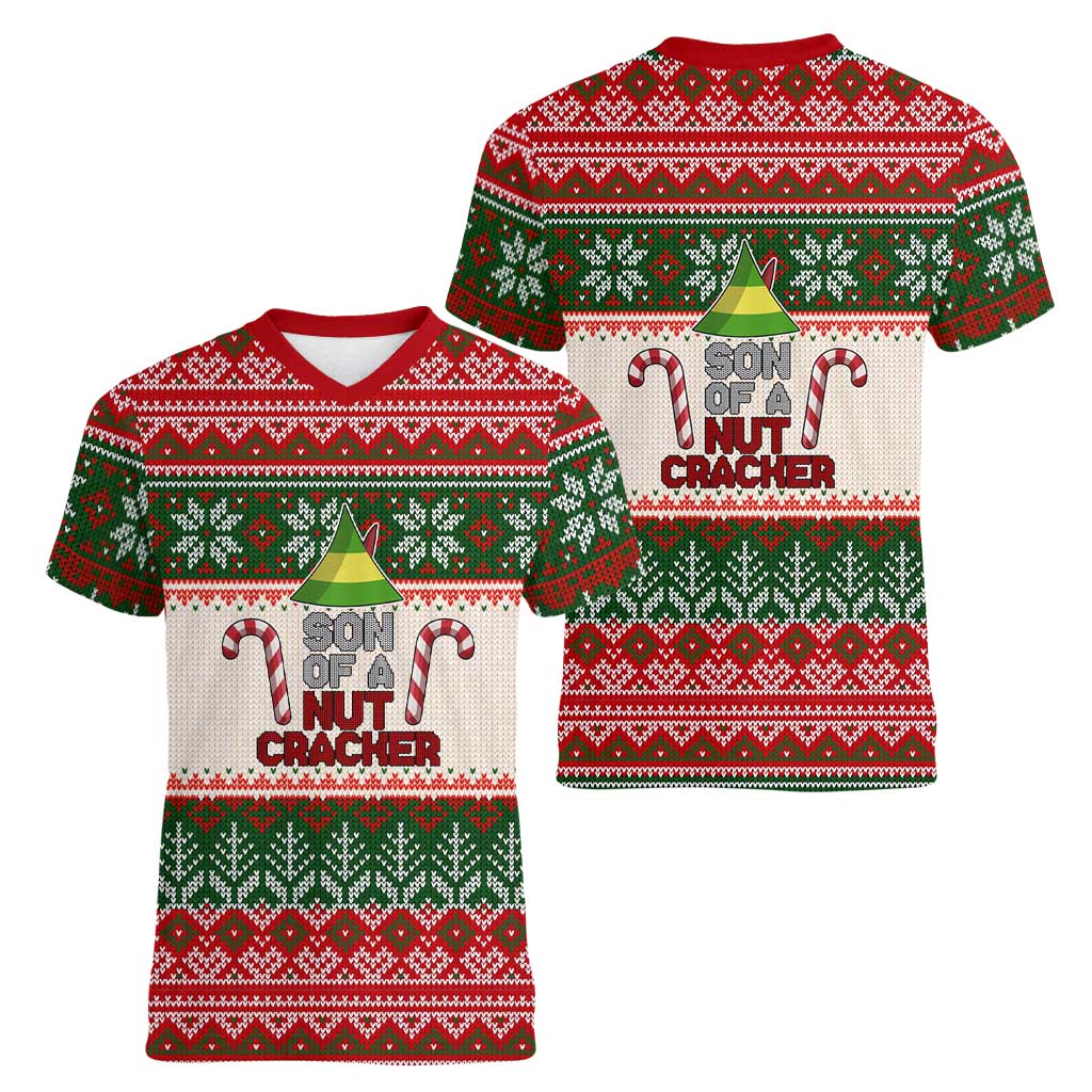 Son Of A Nut Cracker Christmas Women V-Neck T-Shirt Xmas Holiday Patterns - Wonder Print Shop